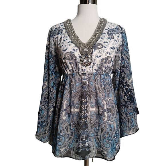 Boston Proper Peasant Bell Sleeve Paisley Beaded Rhinestone Bling Blouse Size 0 - Picture 1 of 10